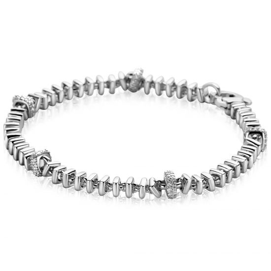 ZINZI zilveren vierkante schakel armband 6mm breed afwisselend bezet met witte zirkonia's 19cm ZIA2678