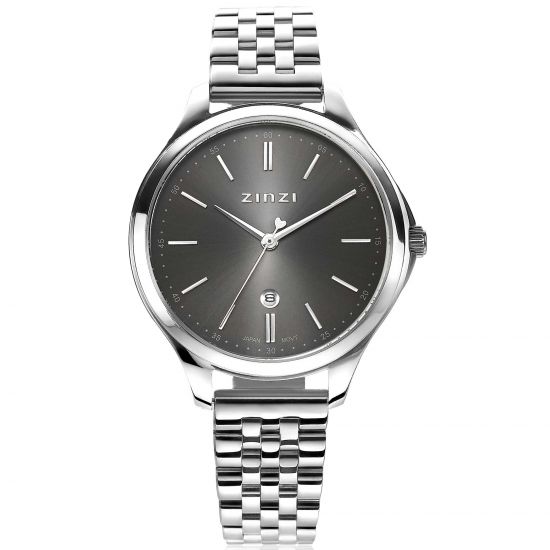 ZINZI Classy horloge 34mm grijze wijzerplaat stalen kast en band, datum ziw1024
