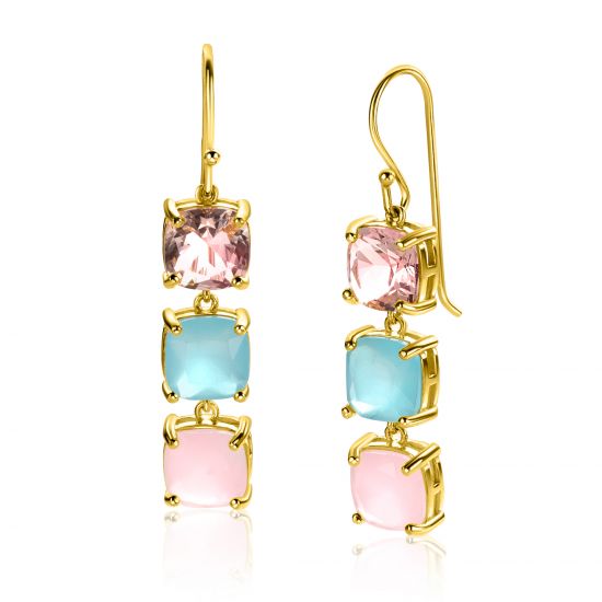 43mm ZINZI gold plated zilveren oorhangers met drie trendy vierkante kleurstenen in roze en turquoise ZIO2454