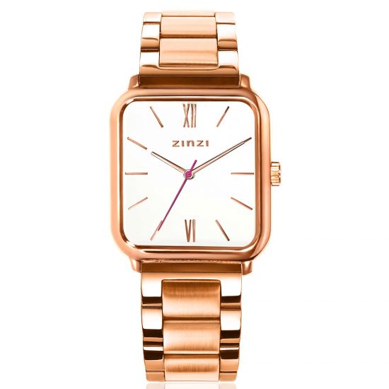 ZINZI Square Roman horloge witte wijzerplaat en rechthoekige roségoudkleurige kast stalen schakelband 32mm extra dun ZIW808S