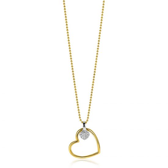 ZINZI gold plated zilveren bolletjes ketting met grote open hart hanger 20mm en bungelend luxe hartje 45-48cm ZIC2621