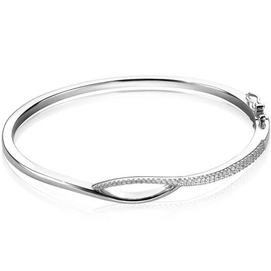 ZINZI zilveren bangle armband cross-over wit zirconia met scharniersluiting ZIA1971