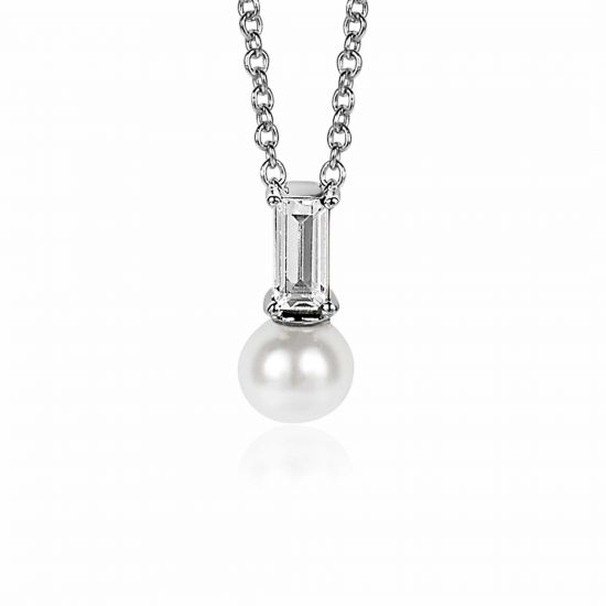 ZINZI zilveren witte parelhanger met witte baquette geslepen zirconia ZIH2135 (zonder collier)