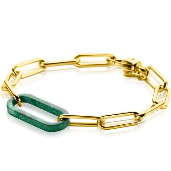 ZINZI gold plated zilveren luxe armband met paperclip-schakels en grote trendy ovale schakel in malachietgroen 20cm ZIA2488