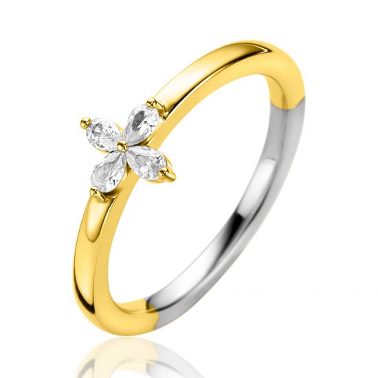 ZINZI gold plated zilveren ring met bloem (7,5mm), bezet met vier druppelvormige witte zirconia's ZIR2624