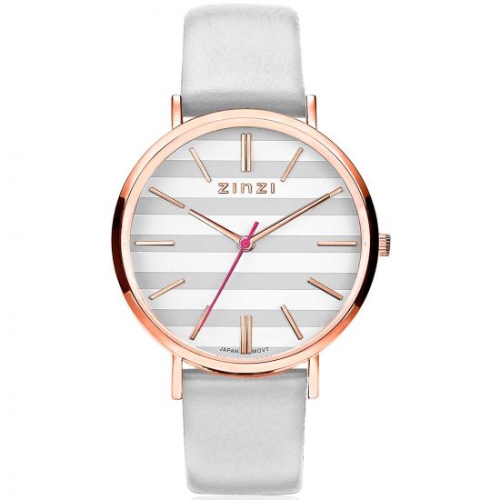 ZINZI Retro horloge grijs-wit gestreepte wijzerplaat roségoudkleurige kast leren mesh band lichtgrijs 38mm extra dun ZIW420LG