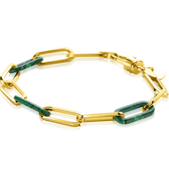 ZINZI gold plated zilveren armband met paperclip-schakels en drie trendy schakels in malachietgroen 19cm ZIA2548