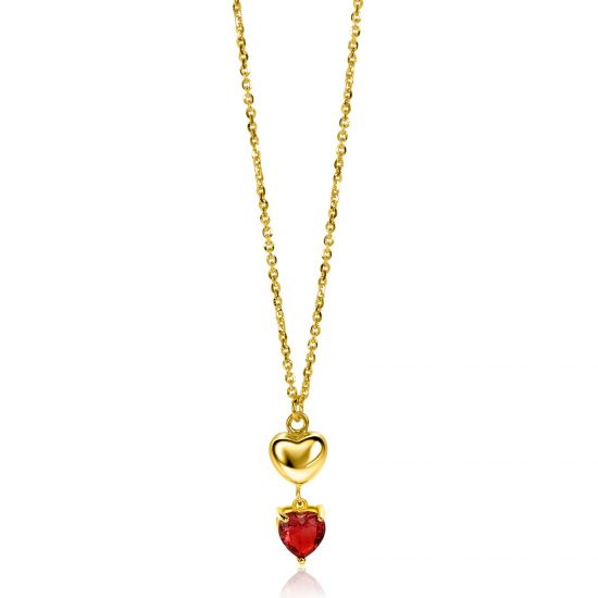 ZINZI gold plated zilveren schakel ketting met liefdevolle harten, glanzend en bezet met rode kleursteen 42-45cm ZIC-BF94