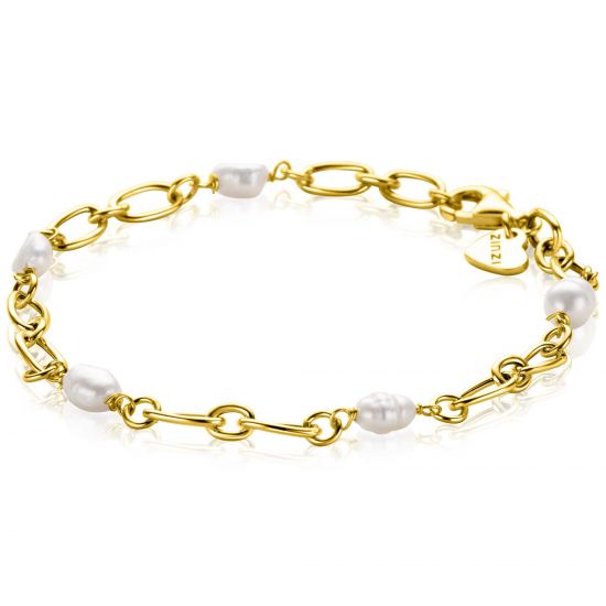 ZINZI gold plated zilveren schakel armband met natuurlijk gevormde zoetwaterparels 19cm ZIA-BF112G