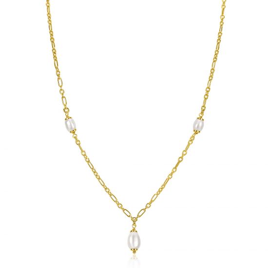 ZINZI gold plated zilveren schakelketting met drie ovale witte zoetwaterparels 40-45cm ZIC2588