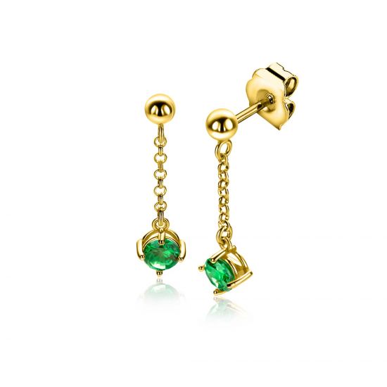 26mm ZINZI gold plated zilveren oorstekers met kettinkje en een bungelende ronde groene kleursteen ZIO2660G