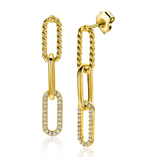 ZINZI gold plated zilveren lange oorsieraden 30mm met drie paperclip schakels, glad bewerkt witte zirconia's ZIO2330Y