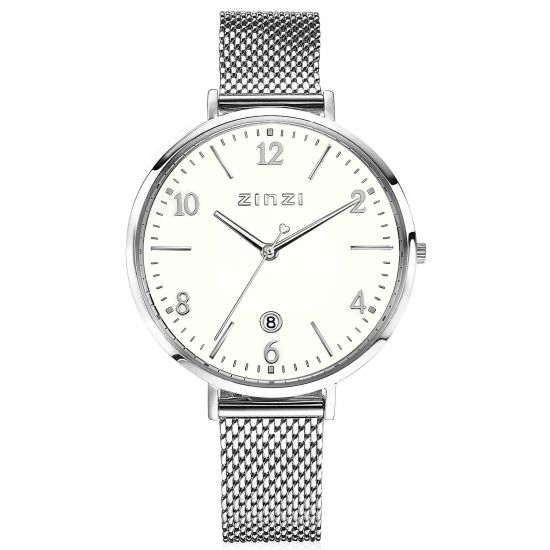 ZINZI horloge SOPHIE witte wijzerplaat met datum, stalen kast 38mm, stalen mesh band 14mm ZIW1406
