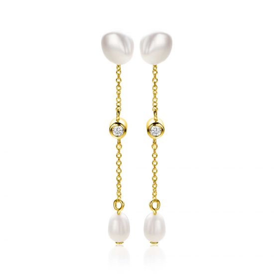 40mm ZINZI gold plated zilveren oorstekers met kettinkje en ovale witte zoetwaterparels ZIO2657