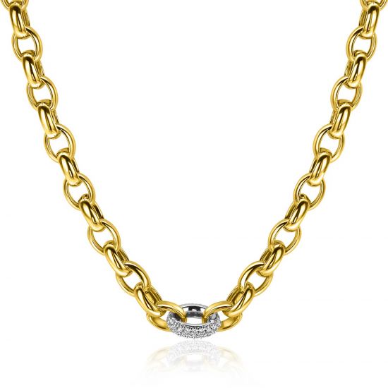 ZINZI gold plated zilveren schakel ketting met een ronde schakel bezet met witte zirkonia's 6mm breed 45cm ZIC2664