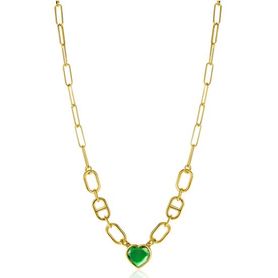 ZINZI gold plated zilveren ketting met trendy ovale en marine schakels, in het midden groot hartje bezet met groene kleursteen 39-43cm ZIC-BF68