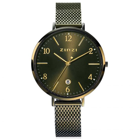 ZINZI horloge SOPHIE olijfgroene wijzerplaat met datum, olijfgroene kast 38mm, stalen mesh band 14mm ZIW1444
