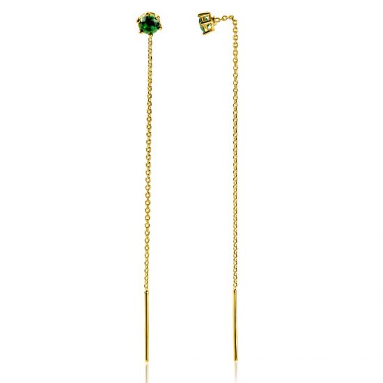 80mm ZINZI gold plated zilveren doortrek oorbellen met chatonzetting 5mm groene kleursteen en sierlijk kettinkje ZIO2576GG
