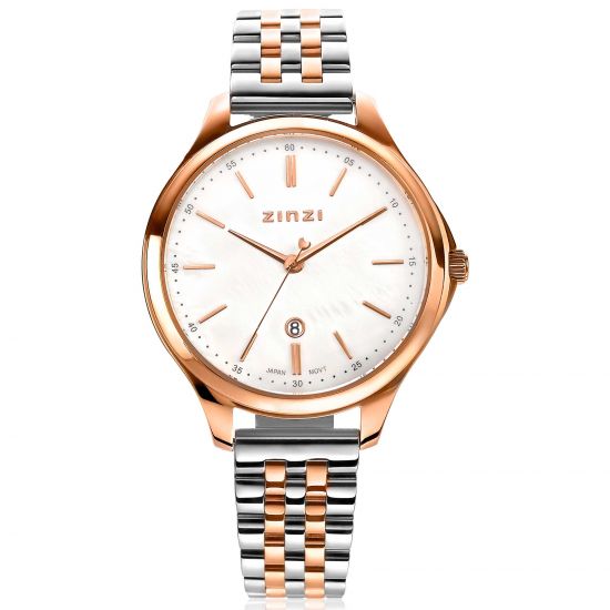 ZINZI Classy horloge 34mm wit parelmoer wijzerplaat roségoudkleurige stalen kast en bicolor band, datum ziw1018
