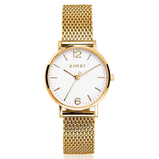 ZINZI Lady horloge witte wijzerplaat stalen kast geelgoudkleurig stalen mesh band geelgoudkleurig 28mm extra dun ZIW607M