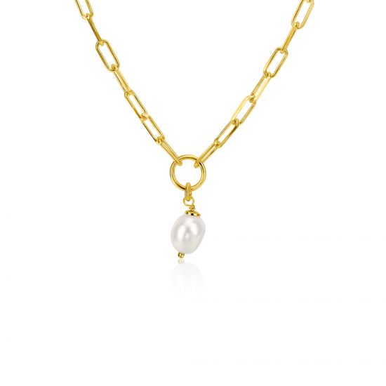 ZINZI gold plated zilveren paperclip schakel ketting met open rondje en witte zoetwaterparel 42-45cm ZIC-BF100