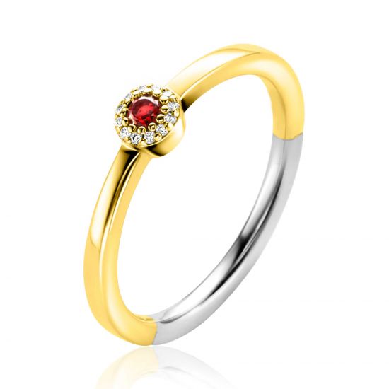 ZINZI gold plated zilveren ring ronde zetting met rood granaat kleursteen en rondom witte zirconia's 4,5mm breed ZIR2560