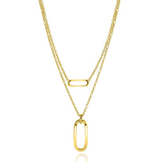 ZINZI gold plated zilveren multilook ketting 43cm met figaro en jasseron schakels en open ovale hangers ZIC2534G