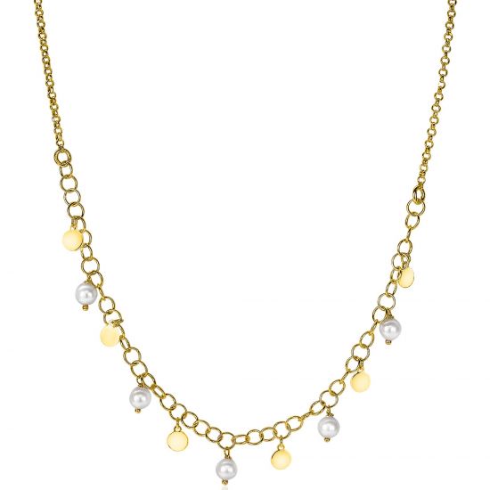 ZINZI zilveren fantasie ketting 14K geel verguld ronde schakels witte parels 40-45cm ZIC2186G