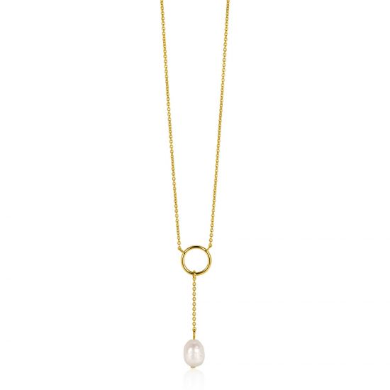 ZINZI gold plated zilveren Y-ketting met open rondje en bungelend witte zoetwaterparel in organische vorm 42-45cm ZIC2615