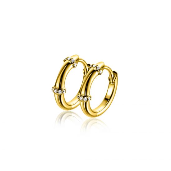 15mm ZINZI gold plated zilveren oorringen met bamboo uitstraling, bezet met witte zirkonia's en luxe klapsluiting ZIO2687Y