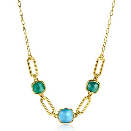 ZINZI gold plated zilveren collier met paperclip schakels en groen turquoise kleurstenen ZIC2332