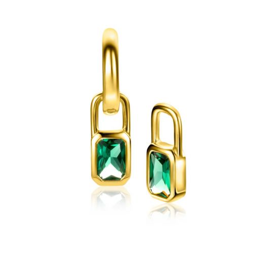 ZINZI gold plated zilveren oorbedels rechthoek met groene kleurstenen 13mm ZICH2307 (zonder oorringen)