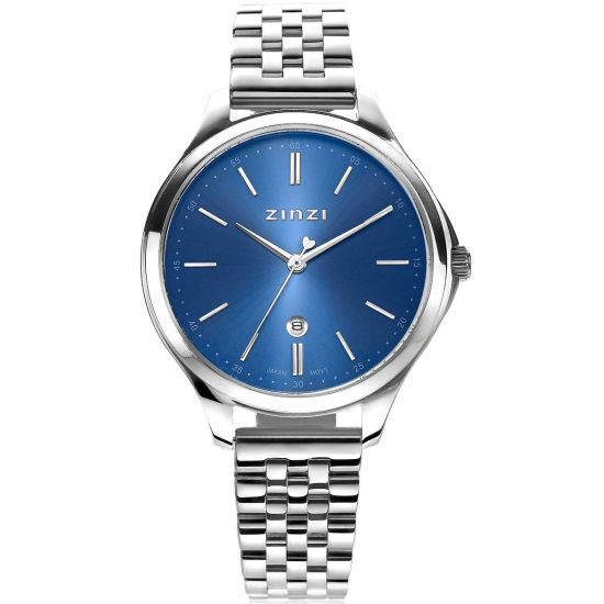 ZINZI Classy horloge 34mm blauwe wijzerplaat stalen kast en band datum ZIW1042
