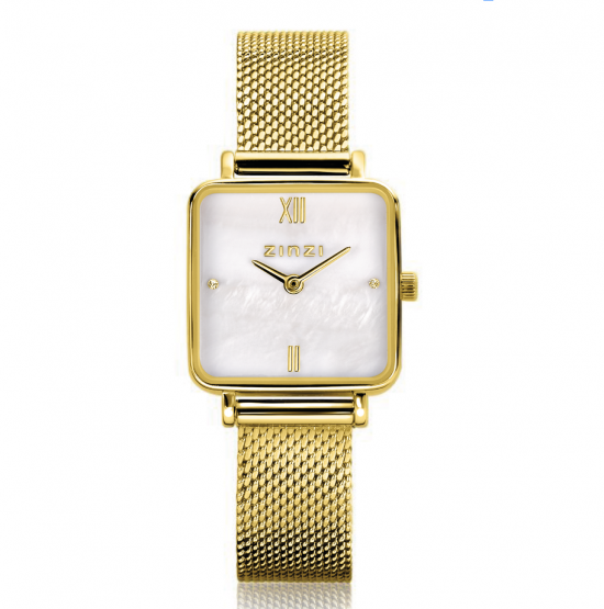 ZINZI Square Mini horloge witte parelmoer wijzerplaat en vierkante geelgoudkleurige kast stalen mesh band 22mm extra dun ZIW1734