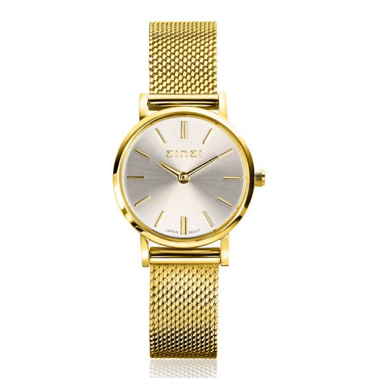 ZINZI Retro Mini horloge zilvergekleurde wijzerplaat, geelgoudkleurige kast en stalen mesh band, 24mm extra dun ZIW1833
