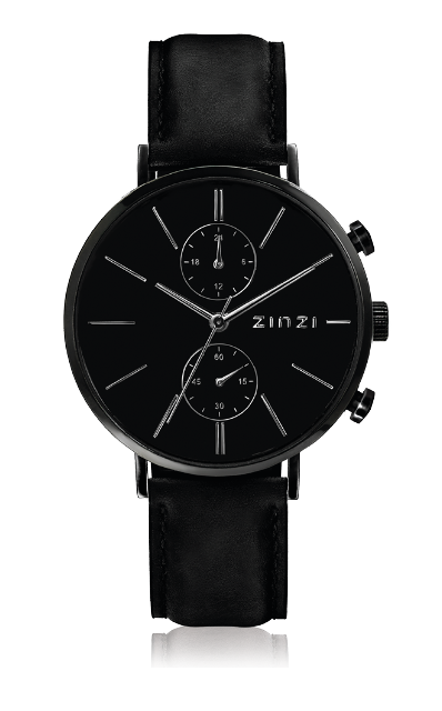 ZINZI Man watch Traveller black zwarte wijzerplaat matzwarte stalen kast zwarte leren band 39mm dual time ZIW750