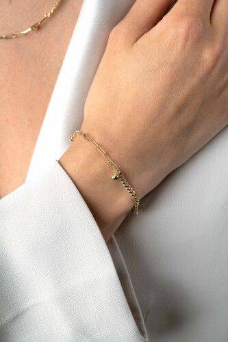 ZINZI gold plated zilveren schakelarmband met gourmet en paperclip schakels en 3 bolletjes 16,5-19,5cm ZIA2521G