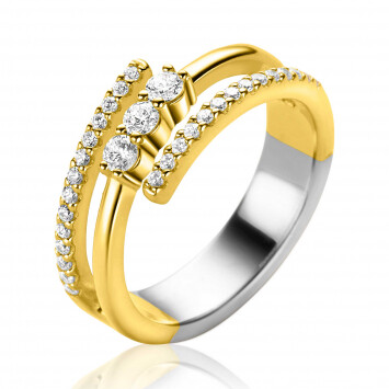 ZINZI gold plated zilveren multi-look ring (8mm breed) met 3 rijen, bezet met witte zirconia's ZIR2645Y