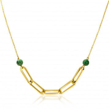 ZINZI gold plated zilveren ketting met grote paperclip schakels en twee bolletjes van groene kleursteen 41-43cm ZIC-BF92