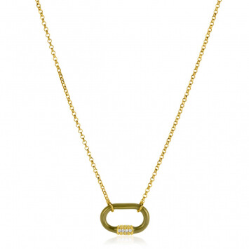 ZINZI gold plated zilveren schakelketting 45cm ovale hanger olijfgroen emaille en witte zirconia's ZIC2374