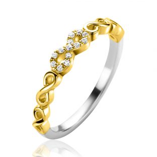 ZINZI gold plated zilveren aanschuifring met sierlijke Infinity schakels, middelste is bezet met witte zirconia's 3mm breed ZIR2591