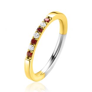 ZINZI gold plated zilveren aanschuifring 2mm breed in chatonzettingen bezet met rood granaat kleurstenen en witte zirconia's ZIR2558