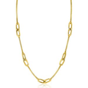 ZINZI gold plated zilveren ketting met gourmet schakels, afgewisseld met grotere ovale schakels 42-45cm ZIC2412G