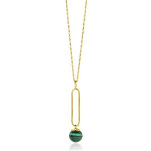 ZINZI gold plated zilveren ketting met lange ovale hanger en bungelende groene cateye in bolvorm 40-45cm ZIC2420