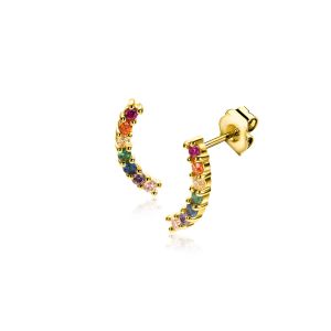 10mm ZINZI gold plated zilveren oorknoppen met golfje bezet met regenboog kleurstenen ZIO2592