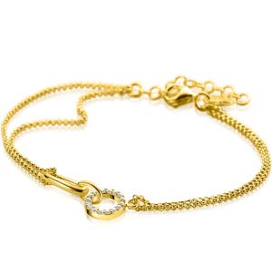 ZINZI gold plated zilveren multi-look armband met twee kettinkjes, verbonden aan een ovale schakel en open rondje bezet met witte zirconia's 17-20cm ZIA2463Y