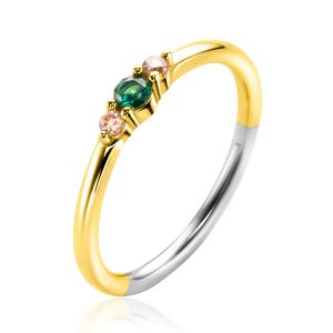 ZINZI gold plated zilveren ring met ronde chatonzettingen diepgroen en champagne kleurstenen 3mm breed ZIR2562