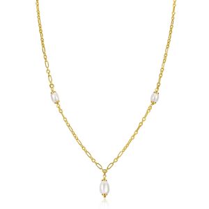 ZINZI gold plated zilveren schakelketting met drie ovale witte zoetwaterparels 40-45cm ZIC2588