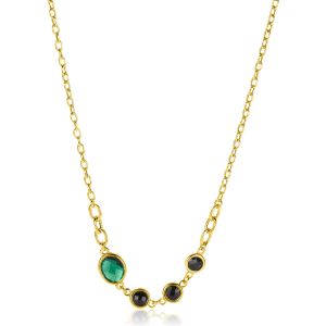 ZINZI gold plated zilveren schakel ketting 45cm met drie ronde zettingen zwart en ovale zetting groen 42-45cm ZIC2389