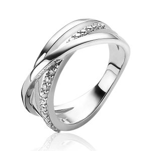 ZINZI zilveren luxe cross-over ring glad met witte zirconia's ZIR1774